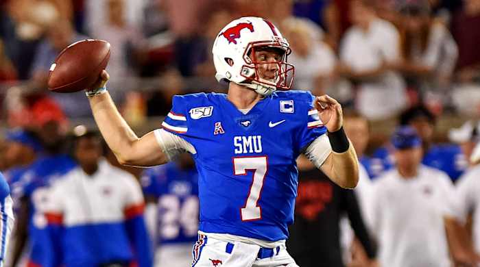 Oct 5, 2019; Dallas, TX, USA; SMU Mustangs quarterback Shane Buechele (7) looks downfield during the second quarter against Tulsa Golden Hurricanes at Gerald J. Ford Stadium. Mandatory Credit: Timothy Flores-USA TODAY Sports